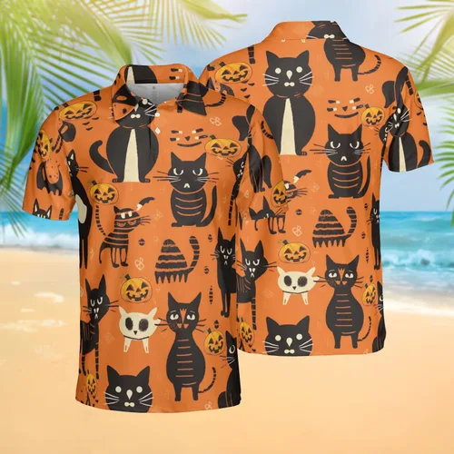 Vista 2 de Camisas polo de gato negro para hombres y mujeres Camisas polo de manga corta con impresión 3D para Halloween, divertido polo de golf Dry Fit Set 10