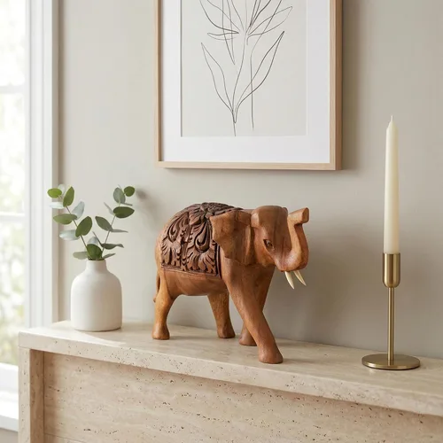 Vista 4 de G6 Collection Estatua de elefante tallada a mano de madera, escultura, arte decorativo, rústico, decoración del hogar, decoración hecha a mano