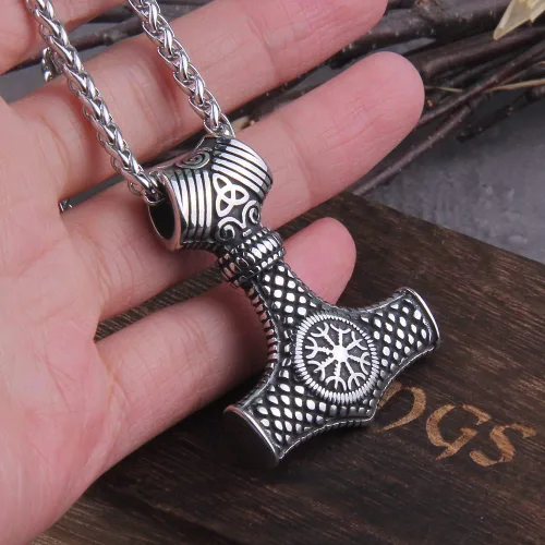 Vista 3 de Collar de amuleto de runa escandinava de Mjolnir de los Vikingos Nordos, cadena de acero inoxidable, colgante de ancla Vegvisir, joyería masculina