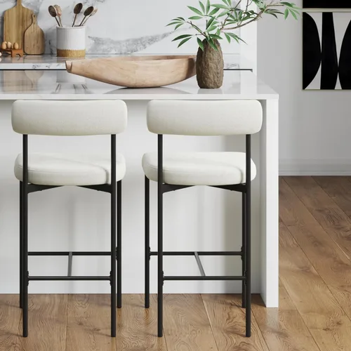 Vista 23 de Nathan James Dahlia - Silla de altura para encimera, taburete de bar moderno tapizado en bouclé con respaldo, patas de metal de mediados de siglo