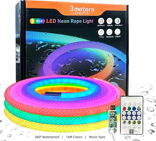 Vista 10 de Luces de cuerda LED de neón de 6.56 pies, luces impermeables con sincronización de música con control remoto y APP, alimentadas por USB, iluminación