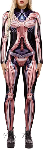 Vista 12 de Enterizo de mujer con estampado de esqueleto de robot mecánico 3D para Halloween, disfraz de cosplay