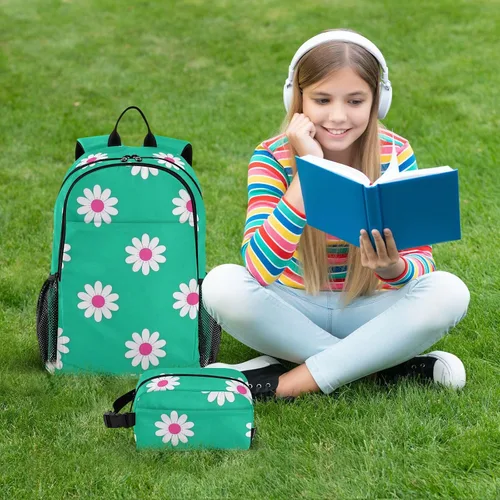 Vista 7 de Daisy Flower Cyan White Book Bag For Boys School Backpacks For Girls With Lunch Box 9-10 years mochilas y loncheras escolares para nias