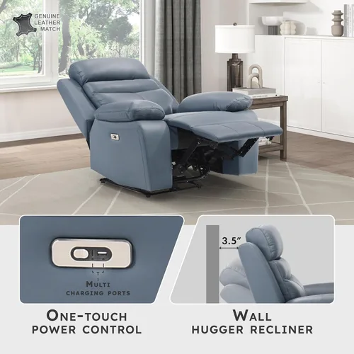 Vista 3 de Lexicon Silla Reclinable para Sala de Estar de Combinación de Cuero, Asientos para Cine en Casa, Sillón Reclinable Pegado a la Pared, Sillón Azul