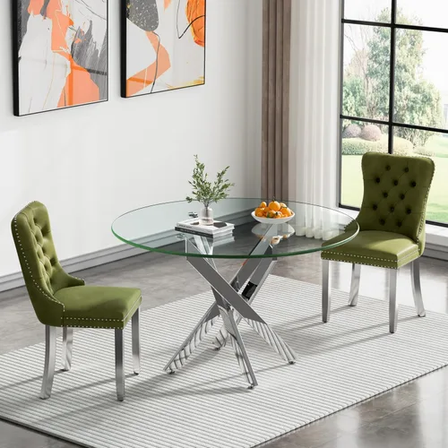 Vista 46 de Juego de mesa de comedor SSLine moderno de 3 piezas con mesa redonda de vidrio para 2, lujosa mesa de comedor circular de 36" con tapa de vidrio