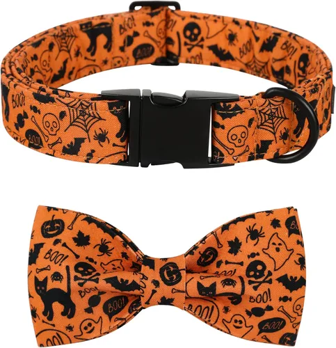 Vista 8 de Collar de Halloween para perro con moño de lionet paws - Lindo collar ajustable de moño de algodón para otoño con hebilla de metal para perro A: O &