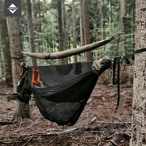 Vista 6 de OneWind Hamaca portátil para acampar de 11 pies con mosquitera, hamaca doble Ridgeline ajustable con correas de árbol de 2 x 12 pies, color marrón