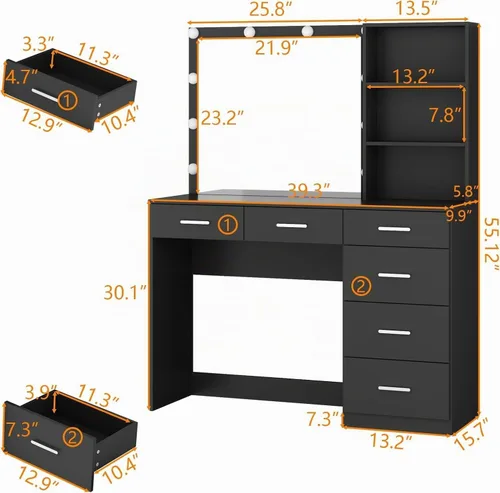 Vista 2 de Loomie Escritorio de tocador con espejo iluminado y toma de corriente, mesa de tocador de maquillaje con 6 cajones, estante de 3 niveles, cómoda