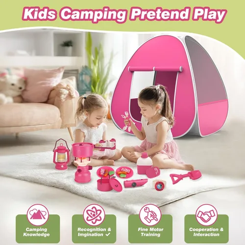 Vista 5 de Juego de campamento para niños con tienda de campaña – Tienda de campaña desplegable, tiendas de campaña para niños, juguetes al aire libre, juego
