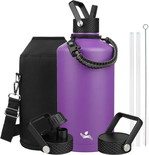 Vista 19 de Konokyo - Botella de agua aislada de 18 onzas, botellas deportivas de acero inoxidable con 3 tapas, verde militar
