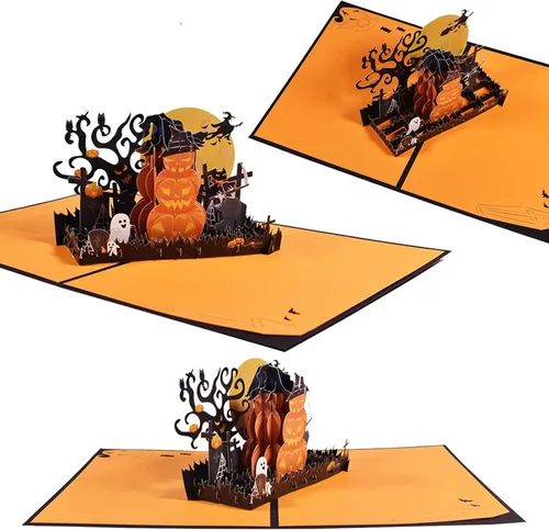 Vista 4 de Tarjetas de felicitación 3D – Tarjetas de castillo de Halloween, tarjeta de felicitación de Halloween desplegable 3D – Truco o trato, fantasma