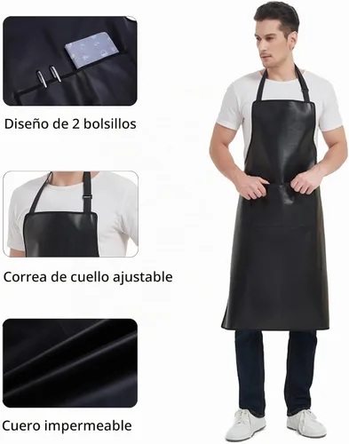 Vista 4 de Delantal impermeable, delantal de trabajo resistente, delantal de cuero artificial, ideal para chef, carnicero, peluquero, limpieza Plus
