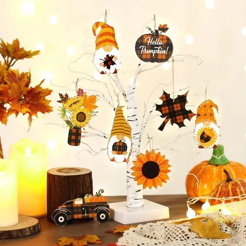 Vista 6 de Weysat 24 adornos de otoño para árbol de Acción de Gracias, gnomos de madera, adornos colgantes de gnomos de girasol, decoración de madera