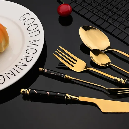 Vista 2 de JASHII Juego de cubiertos con mango de plástico texturizado de mármol para 4, cubiertos de acero inoxidable, 20 piezas, incluye tenedor de cuchara