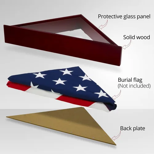 Vista 3 de ANLEY Vitrina conmemorativa de madera maciza con base, parte delantera de cristal real, marco de bandera de entierro montado en la pared, caja