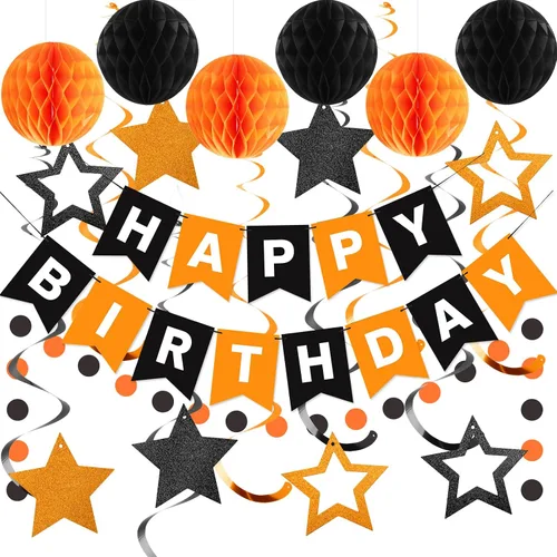 Vista 9 de meowtastic - Decoraciones de cumpleaños, pancarta de feliz cumpleaños con bolas de panal de abeja, serpentinas colgantes de estrellas, guirnalda