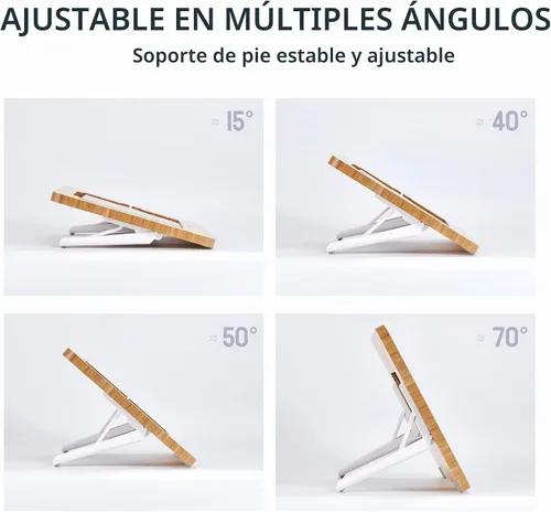 Vista 5 de ELETIUO Soporte ajustable para tablet con ranura para lápiz y cable de cargador, soporte de madera de bambú con múltiples ángulos, organizador