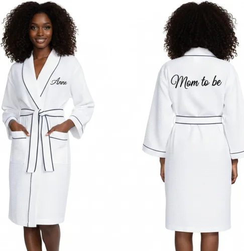 Vista 27 de Lotus Linen Women’s Lightweight Waffle Spa Robes – Soft Cotton Knee Length Bathrobe, Personalized Bridesmaids Robe Negro