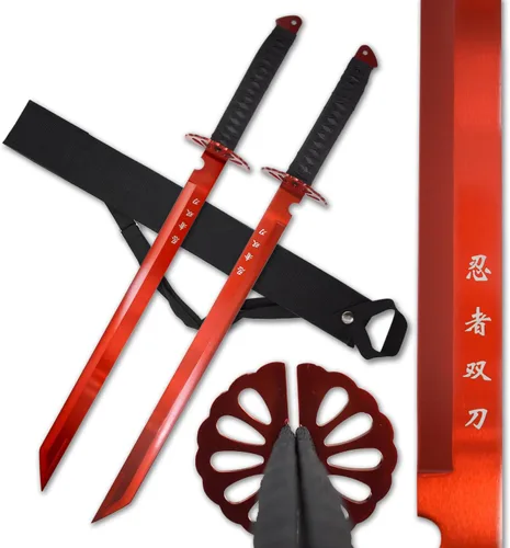 Vista 5 de Juego de espada ninja doble con mango envuelto de nailon negro, 28 pulgadas en total, hoja de acero inoxidable de 18.25 pulgadas, incluye correa