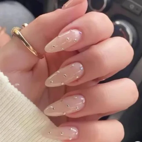 Vista 30 de NBNTGH Uñas postizas a presión de punta francesa blanca, uñas postizas de línea dorada, uñas postizas medianas con diseño de almendra, uñas postizas