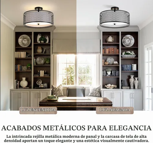 Vista 2 de Lámpara de techo semiempotrada de 17 pulgadas, moderna iluminación de techo E26 de doble tambor de 3 luces con jaula de malla de hierro negro mate