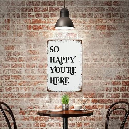 Vista 6 de So Happy You're Here - Impresión artística con cita inspiradora con cita de feliz pared, arte de pared de cuidado personal, retro, letrero de metal