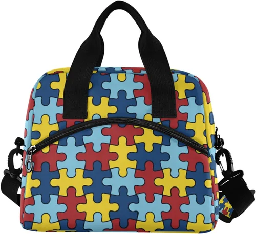 Vista 2 de Bolsas de almuerzo coloridas de conciencia sobre el autismo para mujeres y hombres, lonchera aislada reutilizable, correas de hombro ajustables