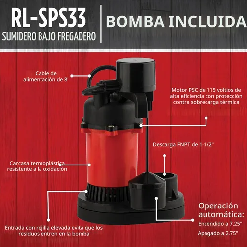 Vista 4 de Red Lion SPS33, 115V, 1/3 HP, 3200 GPH Kit de bomba de sumidero y lavabo