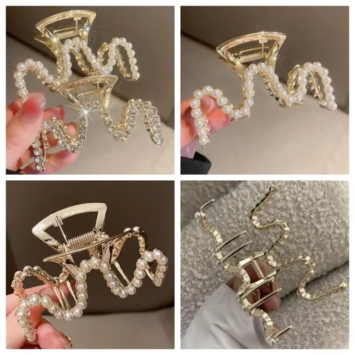 Vista 3 de Pinzas para el Cabello con Diamantes de Imitación, Textention Pinzas de Garra con Perlas de 3.4 Pulgadas para Cabello Grueso, Sujetadores