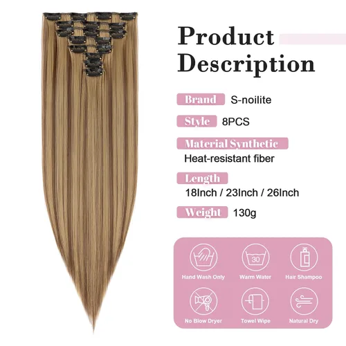 Vista 4 de S-noilite 8 piezas de extensiones de cabello largo con clip para mujer, extensiones de cabello sintético de doble trama, 18 pulgadas, #12H24 Honey