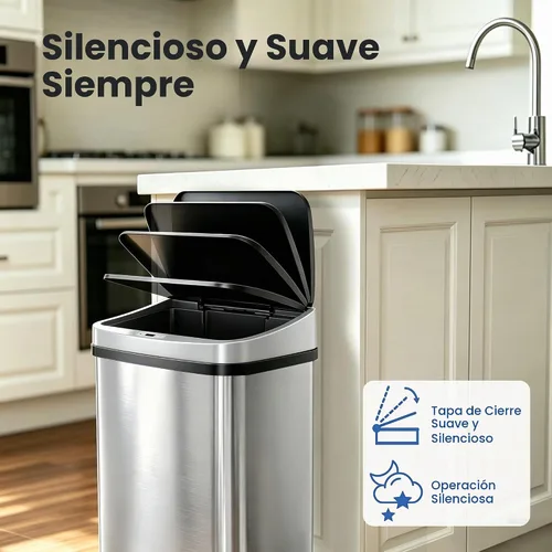 Vista 3 de Ninestars DZT-50-28BR - Bote de basura rectangular con sensor de movimiento automático sin contacto, parte superior negra, 13 galones, 49 L, cepillo