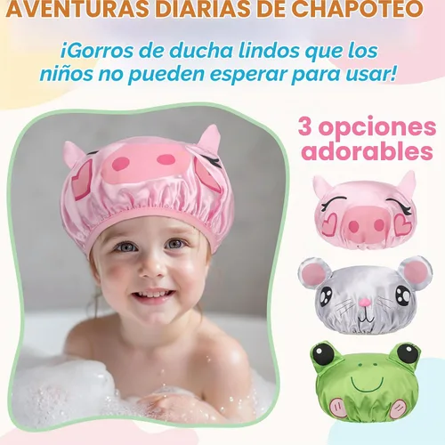 Vista 6 de kilofly Juego de 3 gorros de ducha de animales divertidos para niños, reutilizables, impermeables, juego de sombreros de baño set3