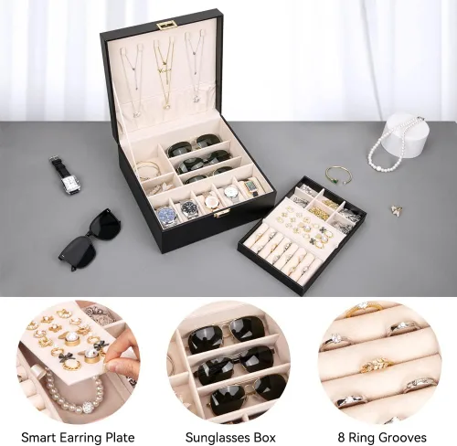 Vista 2 de Voova Joyero organizador para mujeres adolescentes y niñas estuche de almacenamiento grande de 2 capas para hombres soporte de joyería de piel