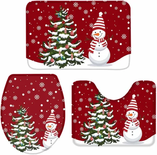 Vista 10 de Juego de 3 alfombras de baño de Feliz Navidad, diseño de muñeco de nieve, copo de nieve, gris nieve, absorbente, antideslizante, tapete