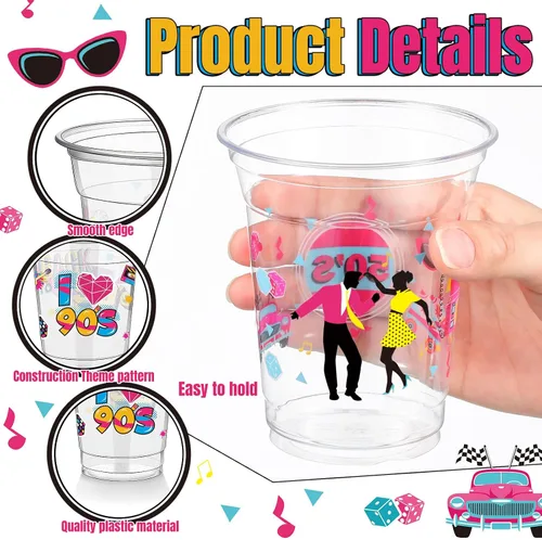 Vista 3 de FoldTier 50 Piezas Vasos de los Años 50 de 12 oz Plástico Vasos Regreso a los Años 50 Vasos Transparentes Desechables de los Años 50 Vasos Temáticos