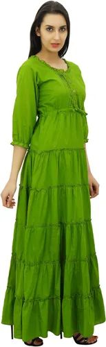 Vista 4 de Bimba Vestido largo de algodón de verano con manga 34 para mujer con cordón en la cintura