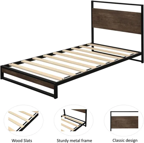 Vista 4 de Anwick Base de cama de tamaño individual con cabecera de madera/plataforma de metal alto/cama de plataforma individual para niños, con espacio