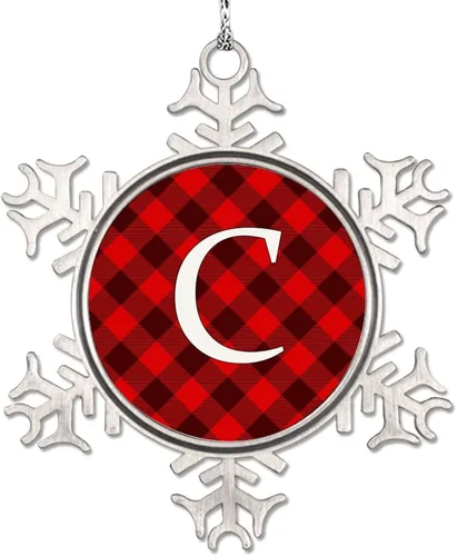Vista 10 de Adorno de copo de nieve de letra A con inicial de copo de nieve, adorno de monograma a cuadros rojos para decoración de árbol de Navidad, adornos