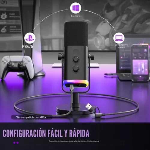 Vista 7 de FIFINE - Micrófono dinámico XLR/USB para podcasts, de transmisión de juegos con luz RGB, botón de silencio, conector para auriculares, soporte
