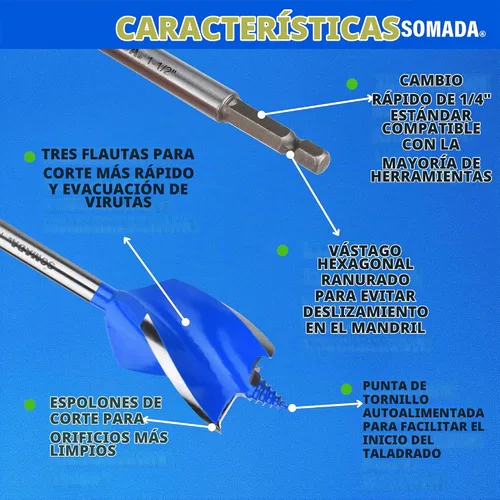 Vista 2 de SOMADA Broca de taladro de 1-1/2 "x 6-1/2" para madera, vástago hexagonal de barrena para barco
