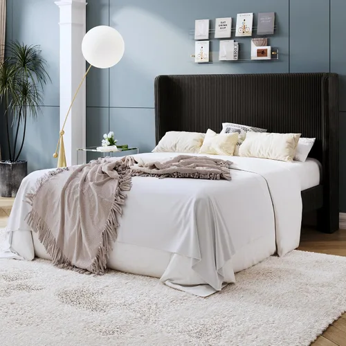 Vista 3 de SHA CERLIN - Base de cama tamaño Full tapizada en pana con plataforma y cabecera acolchada con diseño acanalado vertical estilo wingback, 8