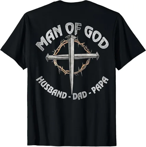 Vista 10 de Man of God Husband Dad Papa Christian Fathers Day (On Back) T-Shirt Asphalt Grey