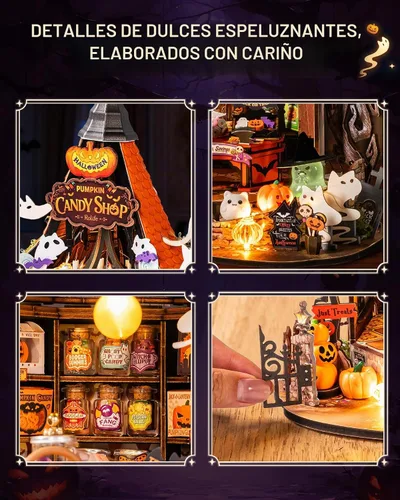 Vista 8 de Rolife Kit de casa de dulces embrujada de Halloween DIY con 9 luces LED, kits de construcción de modelos de casa pequeña para principiantes