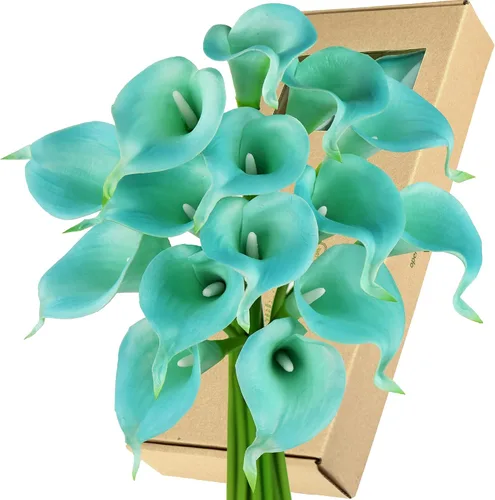 Vista 14 de FiveSeasonStuff Real Touch - Ramo de flores artificiales de lirio de cala para novia, arreglos florales, 15 lirios de cala (azul cerúleo)
