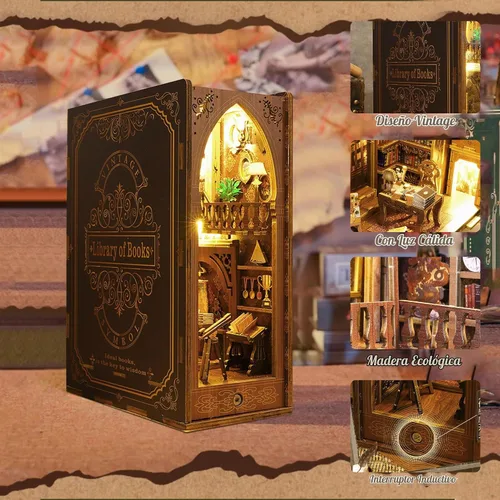 Vista 3 de Kit de Rincón de Libros, MOJINO Rompecabezas 3D en Miniatura DIY Sujetalibros de Madera Casa de Muñecas con Luces LED para Decoración de Estantería
