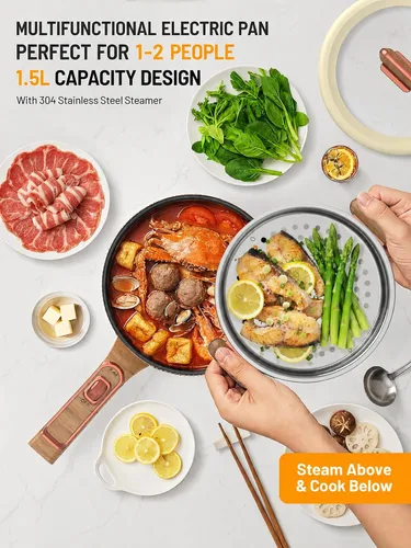 Vista 4 de Olla eléctrica, olla eléctrica portátil de 1.5 L, sartén multifuncional para sopa de filete de ramen con potencia ajustable para dormitorio, hogar