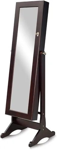 Vista 9 de GLS Armario de joyería con espejo marrón con luz LED y cerradura de madera