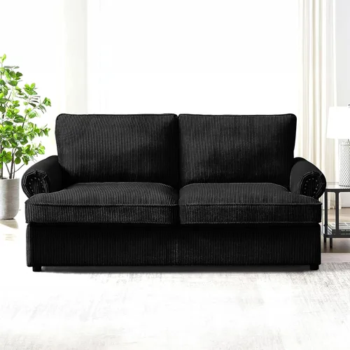 Vista 2 de Sofá cama reversible con cómodo colchón de espuma viscoelástica, sofá extraíble de pana convertible de tamaño matrimonial para sala de estar, Negro