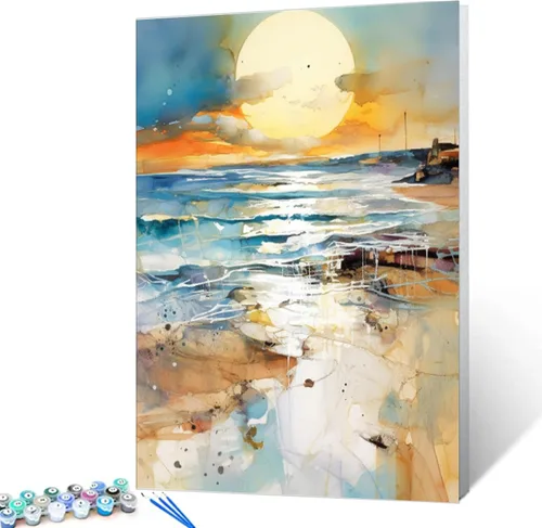 Vista 2 de Pintura por números, puesta de sol, playa, paisaje marino, abstracto, playa, bricolaje, pintura sobre lienzo con pinceles, pinturas acrílicas