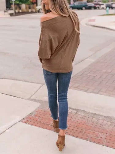 Vista 6 de LACOZY - Suéter de manga larga para mujer con hombros descubiertos, tejido waffle, corte holgado, oversize